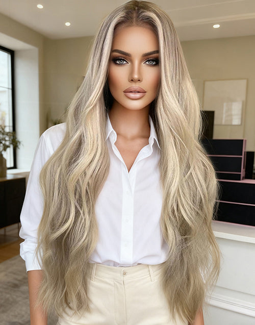 [Ready To Ship Only For US] Mira-Ombre Warm Ash Blonde Balayage Highlights 13x6 Pre Cut Lace Wavy Human Hair Wig