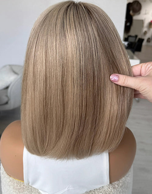 Judy- Sandy Beige Blonde With Ash Root Curtain Bangs True-Hold Glueless Straight Bob Wig Human Hair