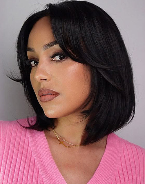 12" Curtain Bangs Bob Layered Cut Wig Pre Cut 9x6/4x4 Lace Flash Deal