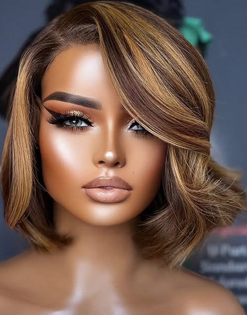 Corey- Smart-Fit Pull Go Brown Honey Highlight Wavy Bob Wig Pre Cut Lace Human Hair Glueless Wig