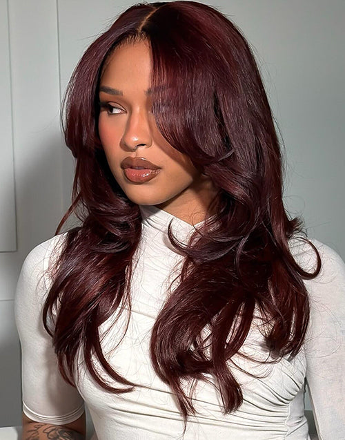 Rila- Dark Wine Red Burgundy Color Layered Wavy Glueless Wig With Curtain Bangs Human Hair Pre Cut Lace