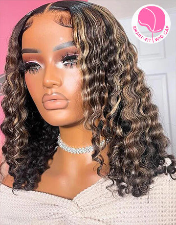 Melissa- Smart-Fit Pull Go Ombre Blonde Highlight With Dark Brown 13x5 Pre Everything Curly Bob Glueless Human Hair Wig