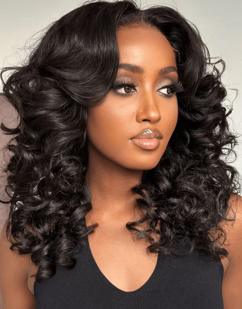 24" Curtain Bangs Bouncy Wavy Pull Go Wig 6x5 Pre Cut Lace Flash Deal