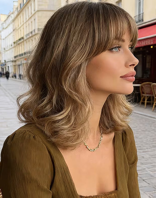 Cosima- Minimalist Lace Mixed Flaxen Blonde Beach Wave Bob Wig With Bangs For Daily Wear
