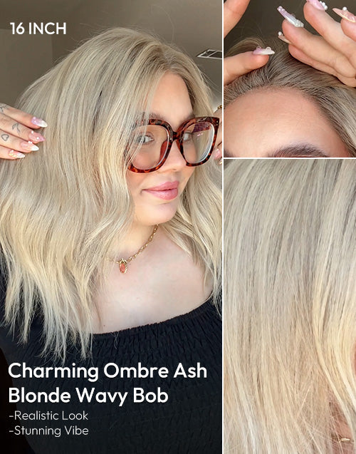 A collage showing a 16-inch ombre ash blonde wavy bob human hair wig on a model, with closeups of the scalp hairline and hair texture.