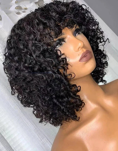 $59.99 10" Short Curly Bob Wigs With Bangs Human Hair Glueless Wig Flash Deal