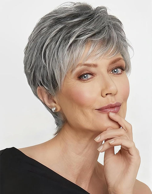 Mavis- Salt And Pepper Color Pixie Cut Wig With Bangs Suitable For Hair Loss and Fashion Change Full Machine None Lace Wig