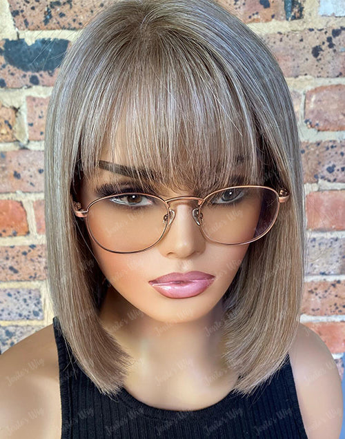 Opal-Highlight Ash Brown With A Hint Of Salt Straight Bob 13x4 Lace Frontal Glueless Wig With Bangs Human Hair