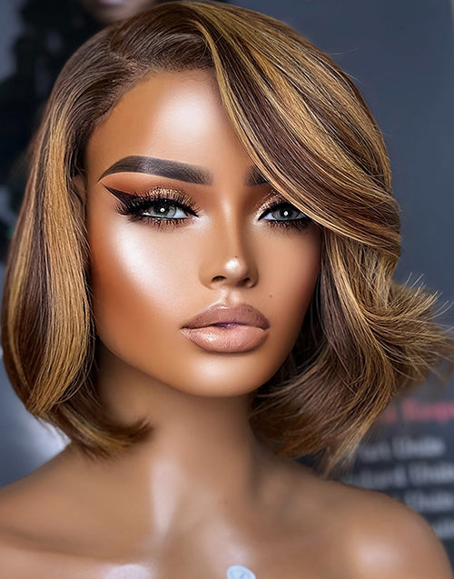 Corey- Smart-Fit Pull Go Brown Honey Highlight Wavy Bob Wig Pre Cut Lace Human Hair Glueless Wig