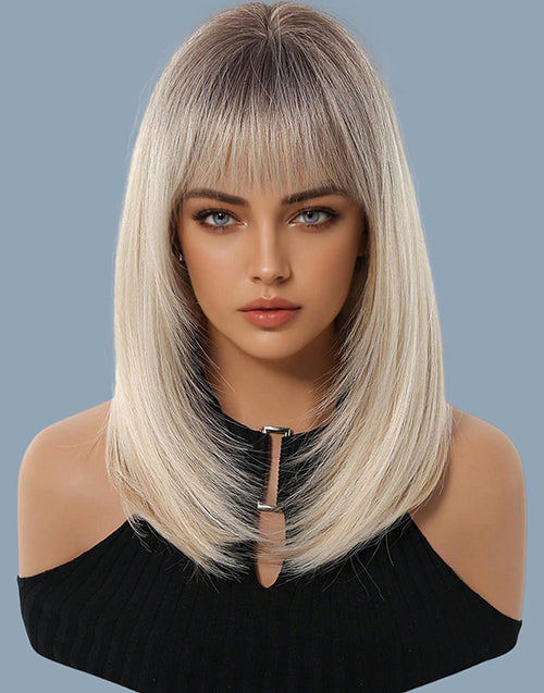 Meagan- Ombre Blonde Straight Layered Wig With Bangs Dark Roots Airy Fringe Shoulder Length For Women