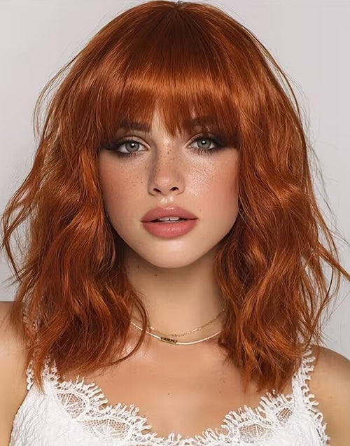Mina- Minimalist Lace Ginger Color Wavy Bob Wig With Bangs For Women