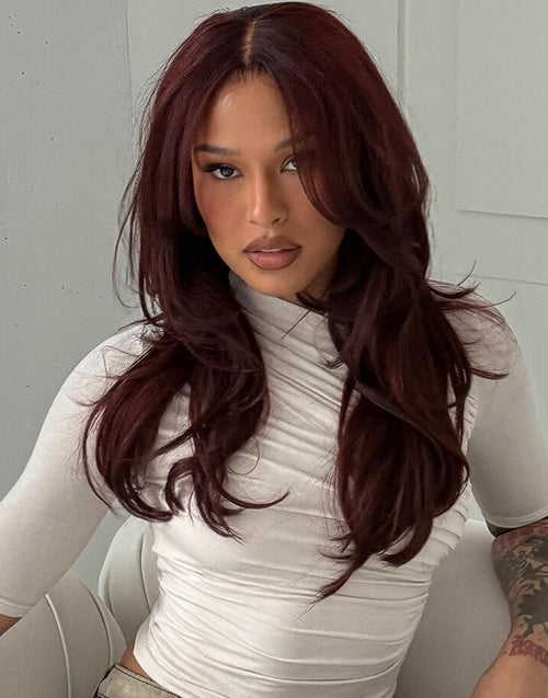 Rila- Dark Wine Red Burgundy Color Layered Wavy Glueless Wig With Curtain Bangs Human Hair Pre Cut Lace