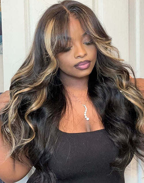 24" Curtain Bangs Blayage 1B/27 Color Wavy Glueless 7x5 Pre Cut Lace Wig Flash Deal