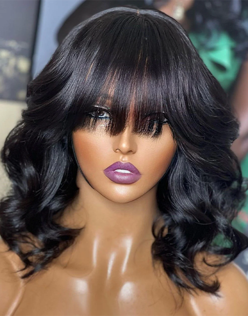 Hope-7X5 Glueless Wavy Bob Lace Wig With Bangs European Remy Human Hair Wig with Bang