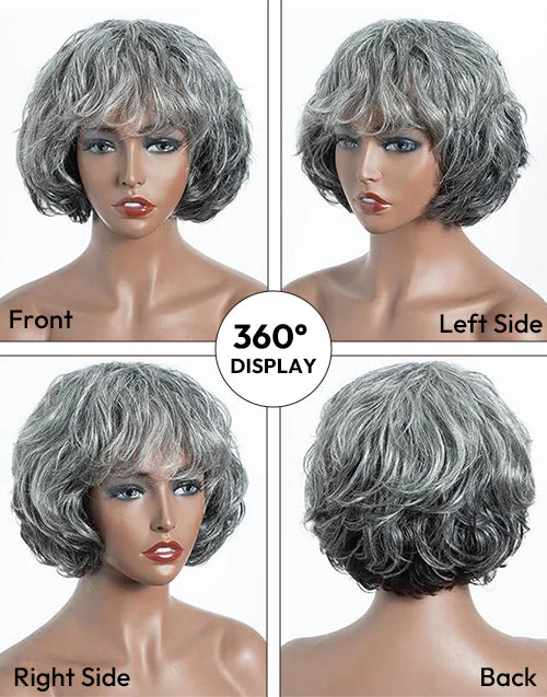 Yoselin- Salt And Pepper Wig Short Natural Wave Bob Glueless Wig With Bangs For Women
