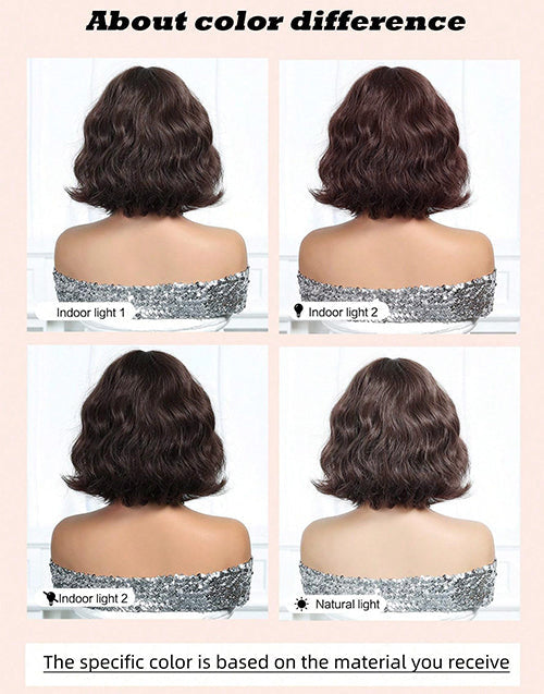 Leola- Dark Brown Short Wavy Wig With Bangs Natural Looking Shoulder Length Wig For Women Daily Wear Hairstyle