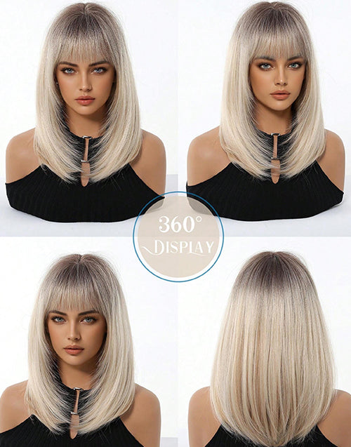 Meagan- Ombre Blonde Straight Layered Wig With Bangs Dark Roots Airy Fringe Shoulder Length For Women