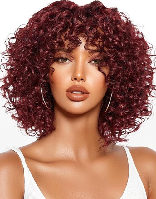 $69.99 10" Dark Red Bob Curly Glueless Wig With Bangs None Lace Beginner Friendly Flash Deal