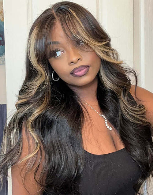 24" Curtain Bangs Blayage 1B/27 Color Wavy Glueless 7x5 Pre Cut Lace Wig Flash Deal