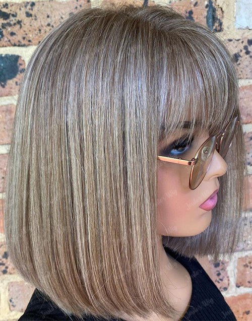 Opal-Highlight Ash Brown With A Hint Of Salt Straight Bob 13x4 Lace Frontal Glueless Wig With Bangs Human Hair