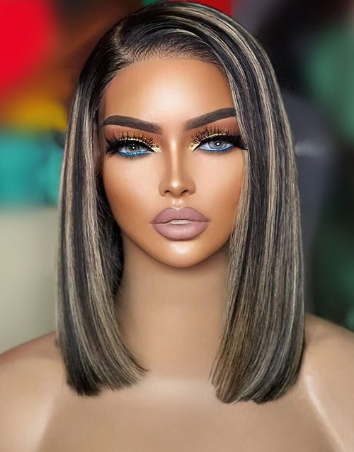 Nina- 7x5 Pre Everything Honey Balayage Mixed Black Short Straight Bob Glueless Wig Human Hair