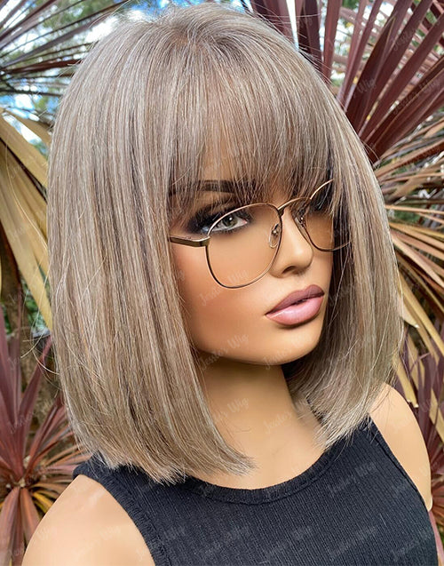 Opal-Highlight Ash Brown With A Hint Of Salt Straight Bob 13x4 Lace Frontal Glueless Wig With Bangs Human Hair