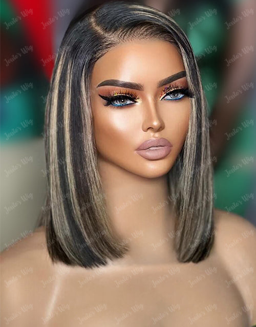 Nina- 7x5 Pre Everything Honey Balayage Mixed Black Short Straight Bob Glueless Wig Human Hair