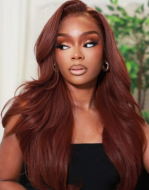Laurie- Reddish Brown Color Layered Cut Face Framing Wavy Glueless Wig With Curtain Bangs Human Hair