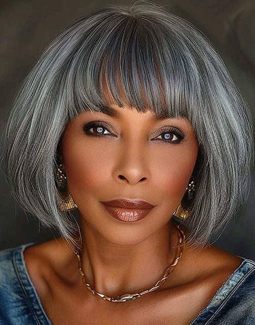 Maol- Salt And Pepper Highlights Grey Straight Bob Wig With Bangs Full Machine Silver Grey Wig