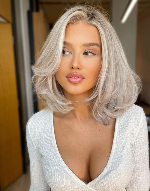 Lay-Layered Bob Natural Highlight Ash Blonde With Dark Roots Color Wig Collar bone length haircuts