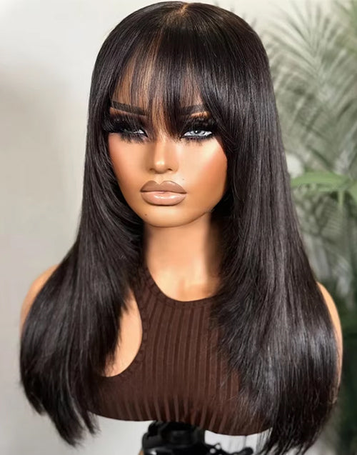 20" Layered Cut Straight Glueless Wig With Bangs Pre Cut 4x4 Lace Flash Deal