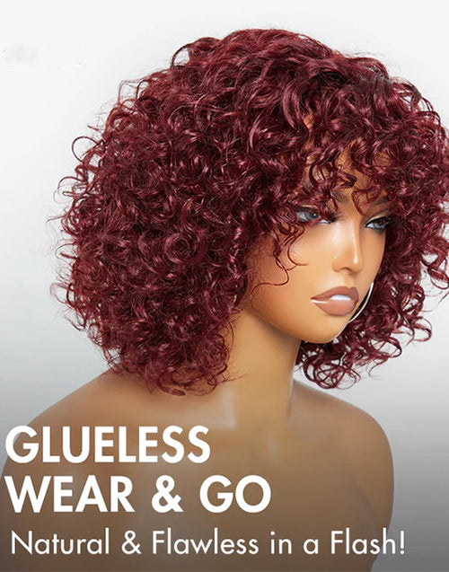 $69.99 10" Dark Red Bob Curly Glueless Wig With Bangs None Lace Beginner Friendly Flash Deal