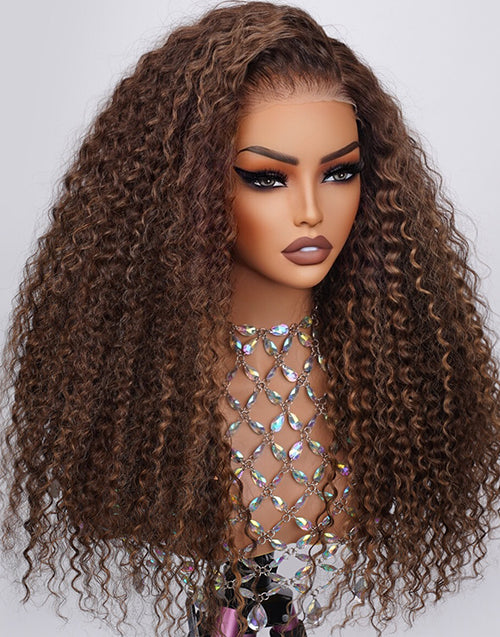 Glueless Pull Go Piano Honey Brown Highlight Curly Pre Everything Wig C/Middle Part 13x5 Frontal  Human Hair