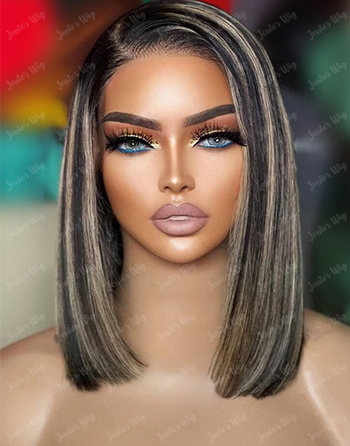 Nina- 7x5 Pre Everything Honey Balayage Mixed Black Short Straight Bob Glueless Wig Human Hair