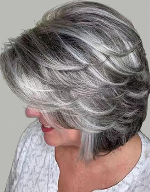 Mag- Highlight Sliver Ombre Grey Wavy Layered Bob Wig With Curtain Bangs Pixie Cut Wig for Women