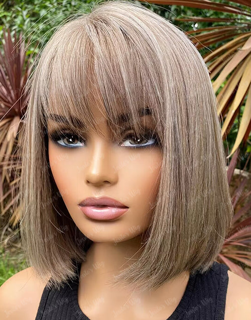Opal-Highlight Ash Brown With A Hint Of Salt Straight Bob 13x4 Lace Frontal Glueless Wig With Bangs Human Hair