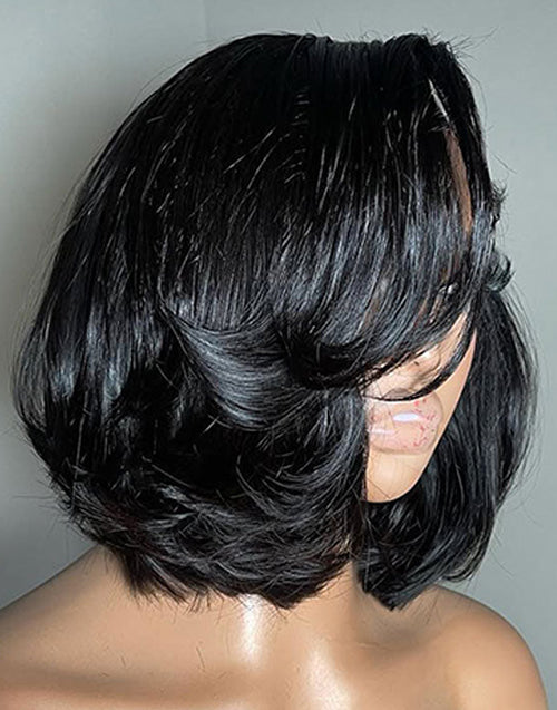 Yama- New Layered Haircut Short Bob Wig With Side Bangs C Part Glueless Human Hair Wig