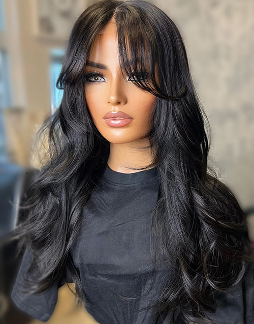 24" Smart-Fit Pull Go Glueless Wavy Layered Wig With Curtain Bangs Pre Cut 7x5 Lace Flash Deal