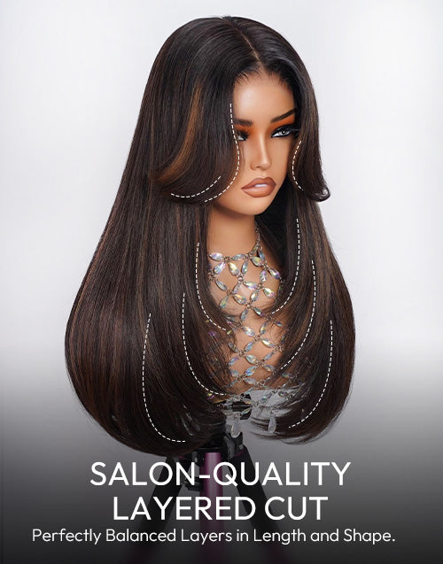 Selene- Glueless Pull Go Wig Brown Highlight Layered Haircut Straight Wig With Curtain Bangs Pre Cut Lace