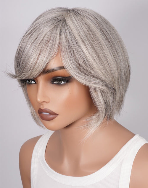 Toya- Highlight Light Grey Straight Wig With Side Bangs Full Basic Cap 100% Human Hair Wigs Short Cut Style