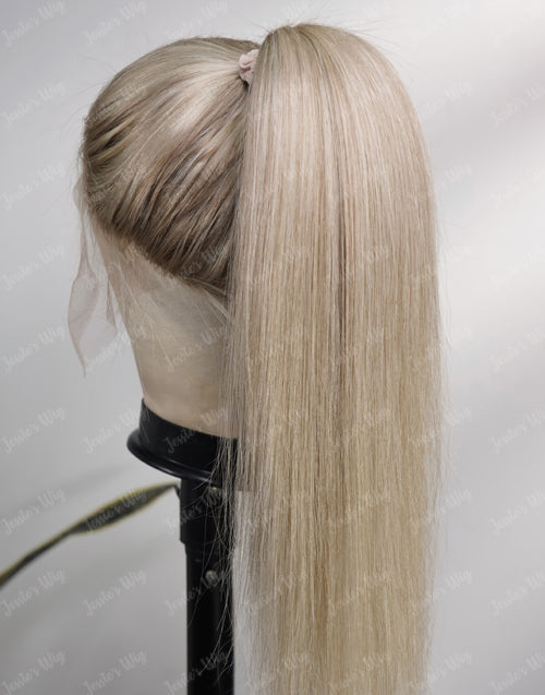 Nova-Ash Blonde With Dark Roots Remy Human Hair Ponytail Lace Front Wig