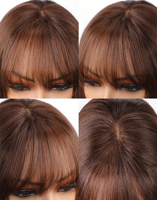 Brown Color Layered Bob Short Straight 5x5 Lace Wigs With Bangs Glueless Wig
