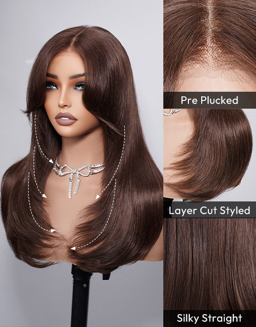 Karisa- Brown Color Curtain Bangs Layered Straight Pull Go Glueless Wig With Drawstring Pre Cut 7x5 Lace