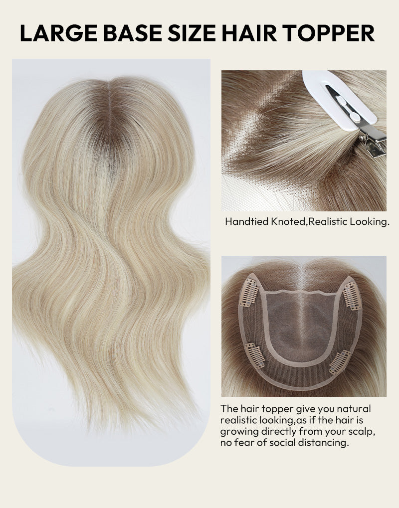 5.5"x6" Wavy Fine Mono Human Hair Topper Seamless Clip-In Coverage For Thinning Hair