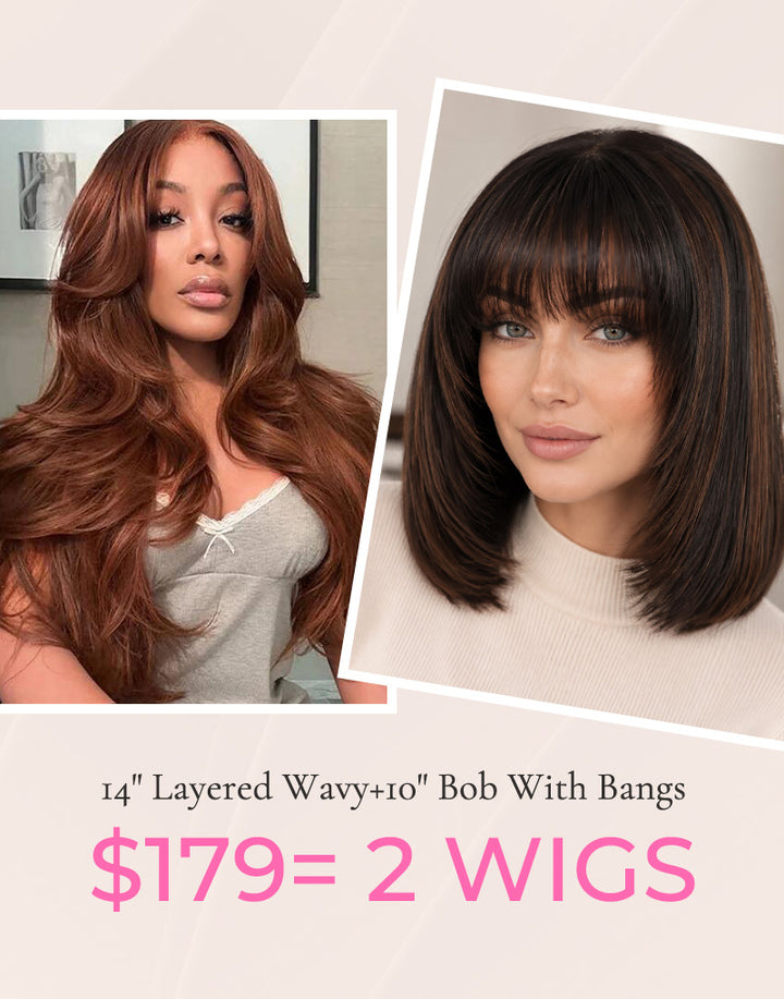 $179=2 WIGS|14" Copper Brown Layer Wavy 7x5 Lace Wig+12" Highlight Brown Straight 6x5 Bob Layer Wig With Bangs Flash Deal