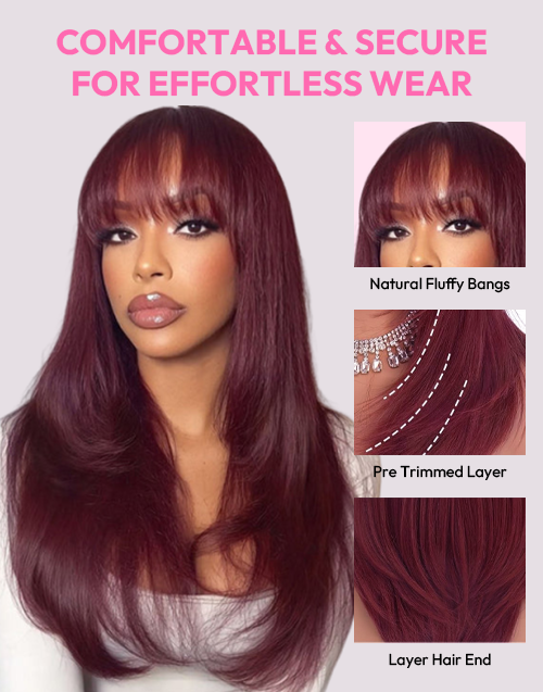 Reese- Black Cherry Straight Face-Framing Layers Wig With Wispy Bangs Glueless Natural Volume Style Pre Cut Lace
