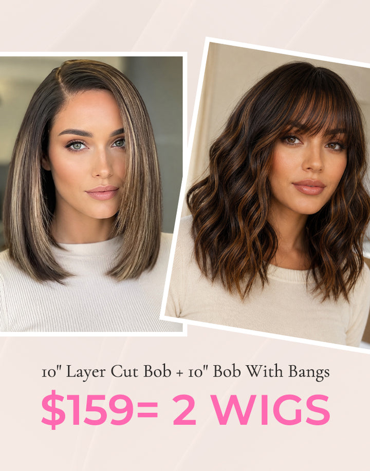 $159=2 WIGS|10" Brown Highlight Wavy 13x5 Bob Wig With Bangs+10" Highlight Honey Straight 7x5 Bob Layer Wig Flash Deal