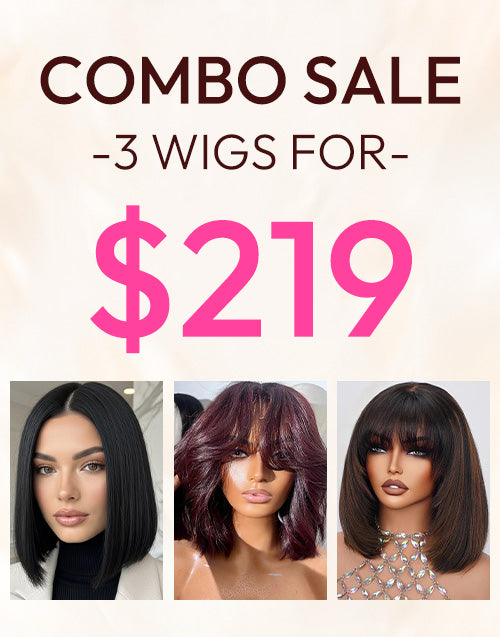 $219=3 WIGS|12" 99J Wavy Bob 6x5 Pre Cut Lace Wig With Bangs+10" Balayage Straight Layer Bob 6x5 Pre Cut Lace Wig With Bangs+12" Straight Bob 5x5 Pre Cut Lace Wig Flash Deal