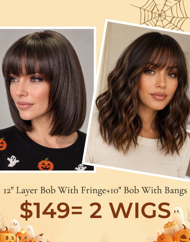 $149=2 WIGS|12" Straight 6x5 Bob Layer Wig With Bangs+10" Brown Highlight Wavy 6x5 Bob Wig With Bangs Flash Deal
