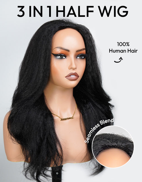 22" Kinky Wave Half Wig Human Hair Blow Out Style 1 Wig 3 Different Looks Flash Deal